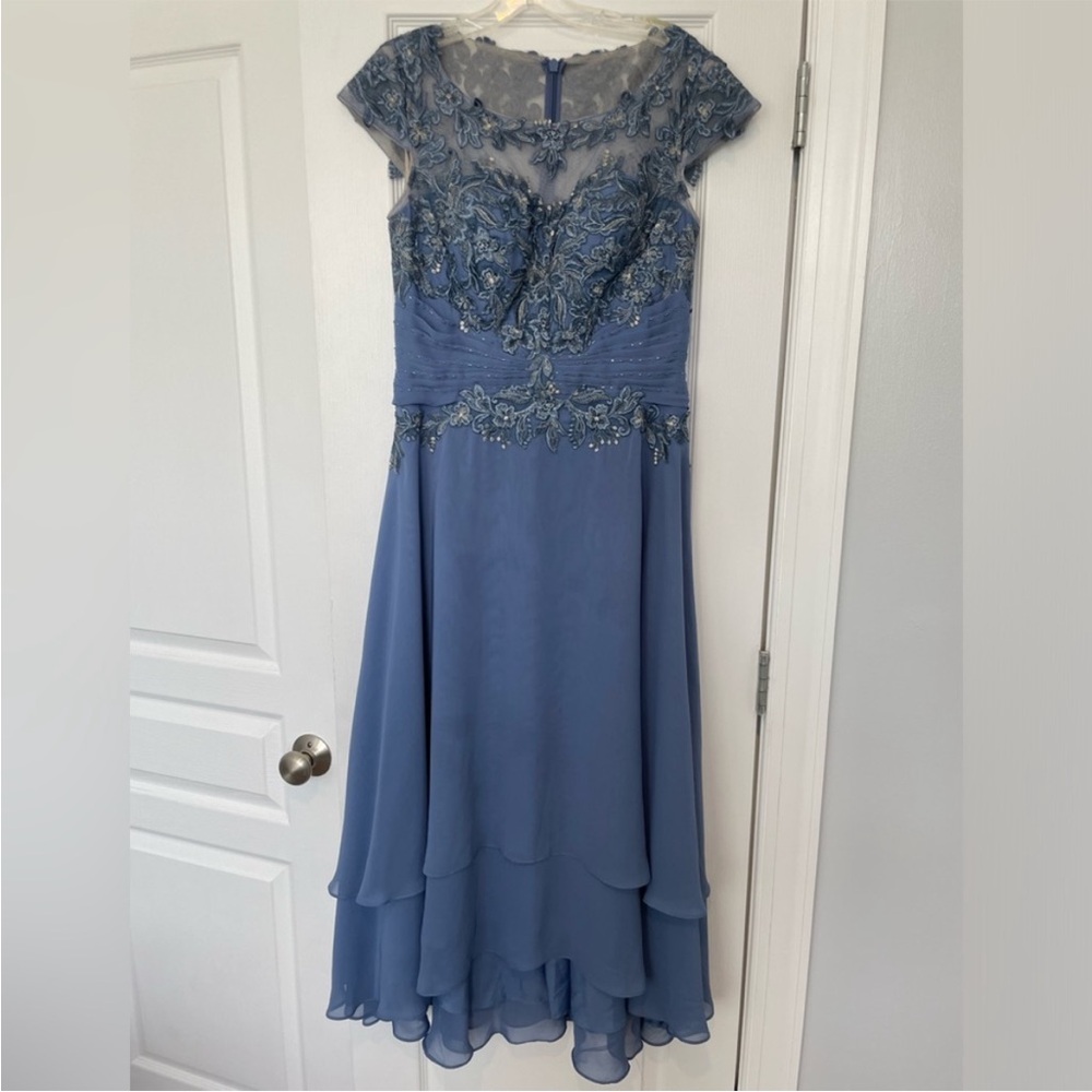 Dusty Blue Dress with Lace Top & Sheer Skirt